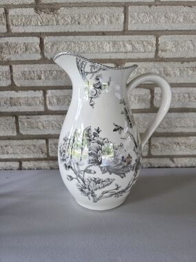 Vintage Style Black & White Floral Ceramic Pitcher Toile De Jouy